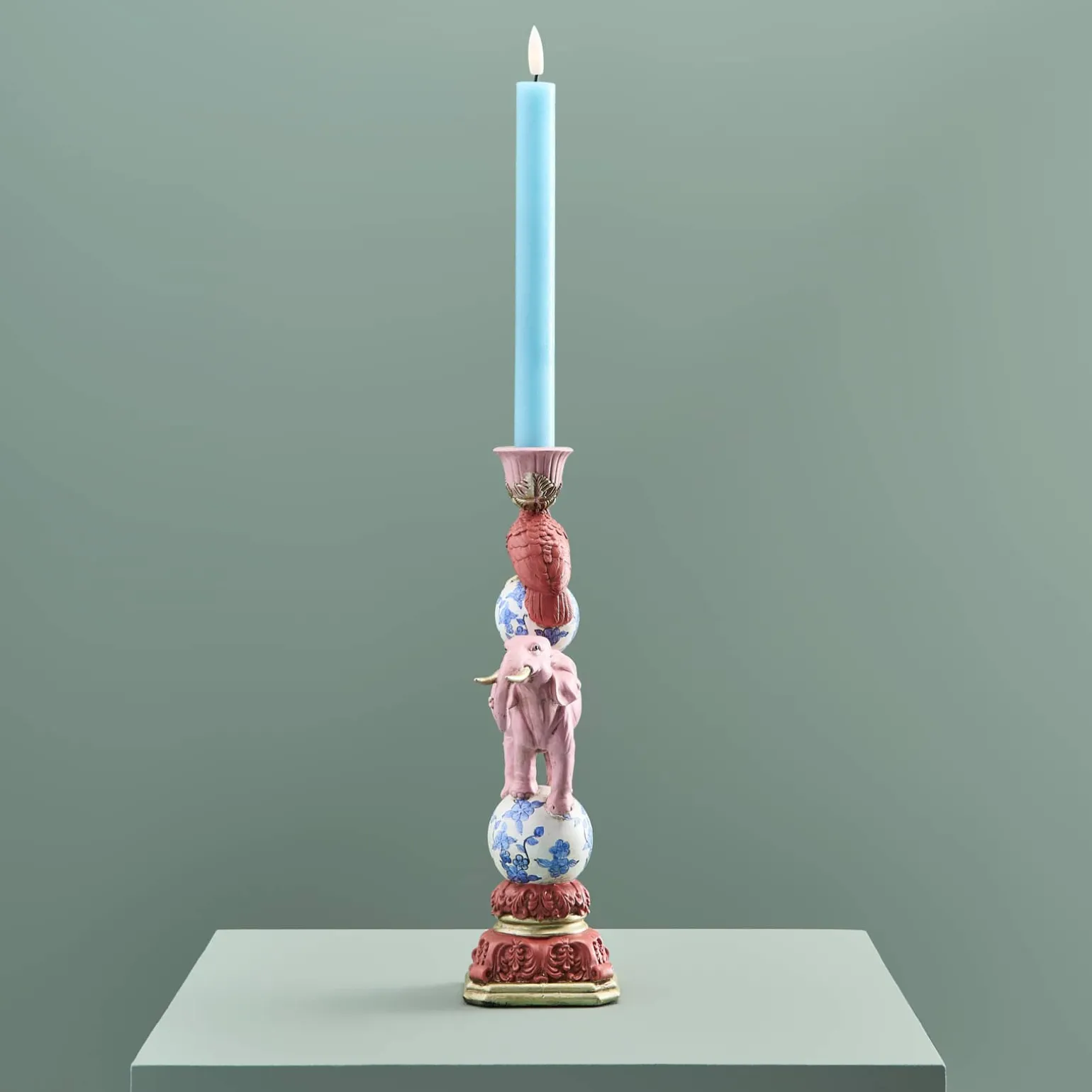 Bougeoir perroquet sur éléphant, rose-bleu-blanc