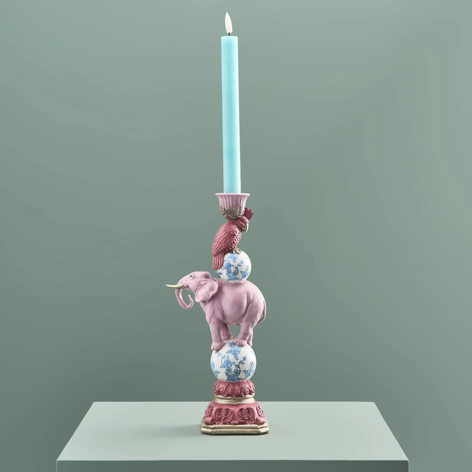 Bougeoir perroquet sur éléphant, rose-bleu-blanc