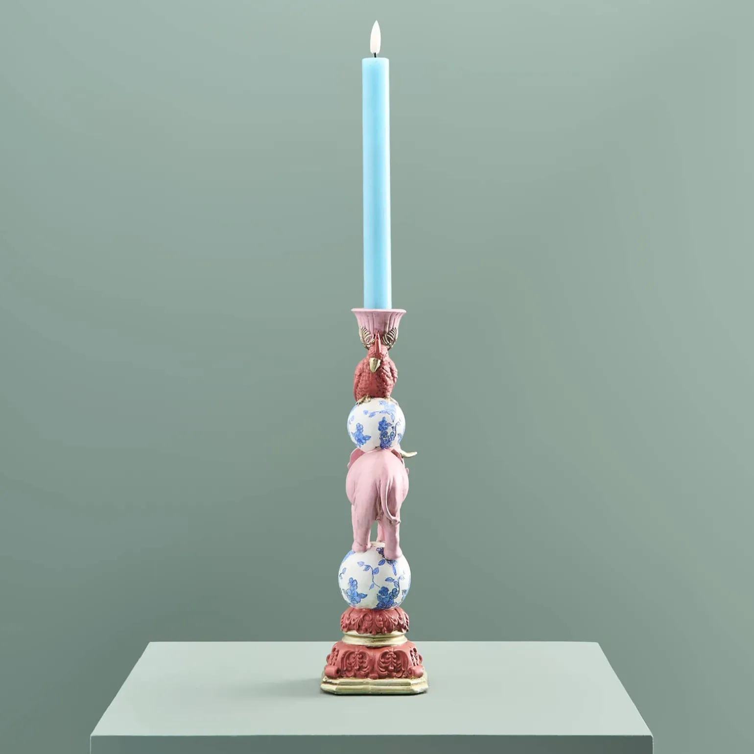 Bougeoir perroquet sur éléphant, rose-bleu-blanc