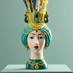 Buste de femme sicilienne / vase décoratif Estefania, vert-jaune, peint à la main