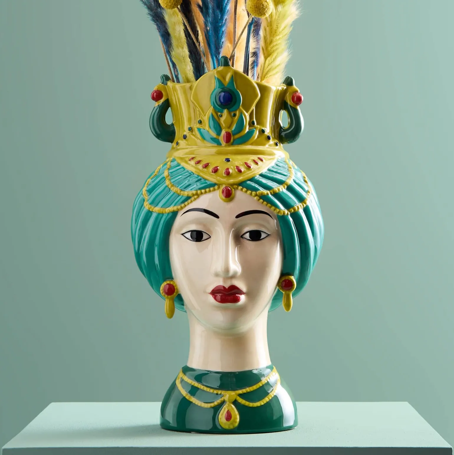 Buste de femme sicilienne / vase décoratif Estefania, vert-jaune, peint à la main