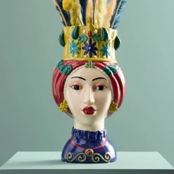Buste de femme sicilienne / vase décoratif Letizia, rouge-jaune, peint à la main