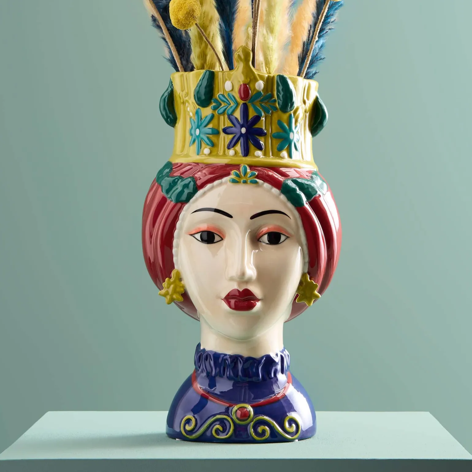 Buste de femme sicilienne / vase décoratif Letizia, rouge-jaune, peint à la main