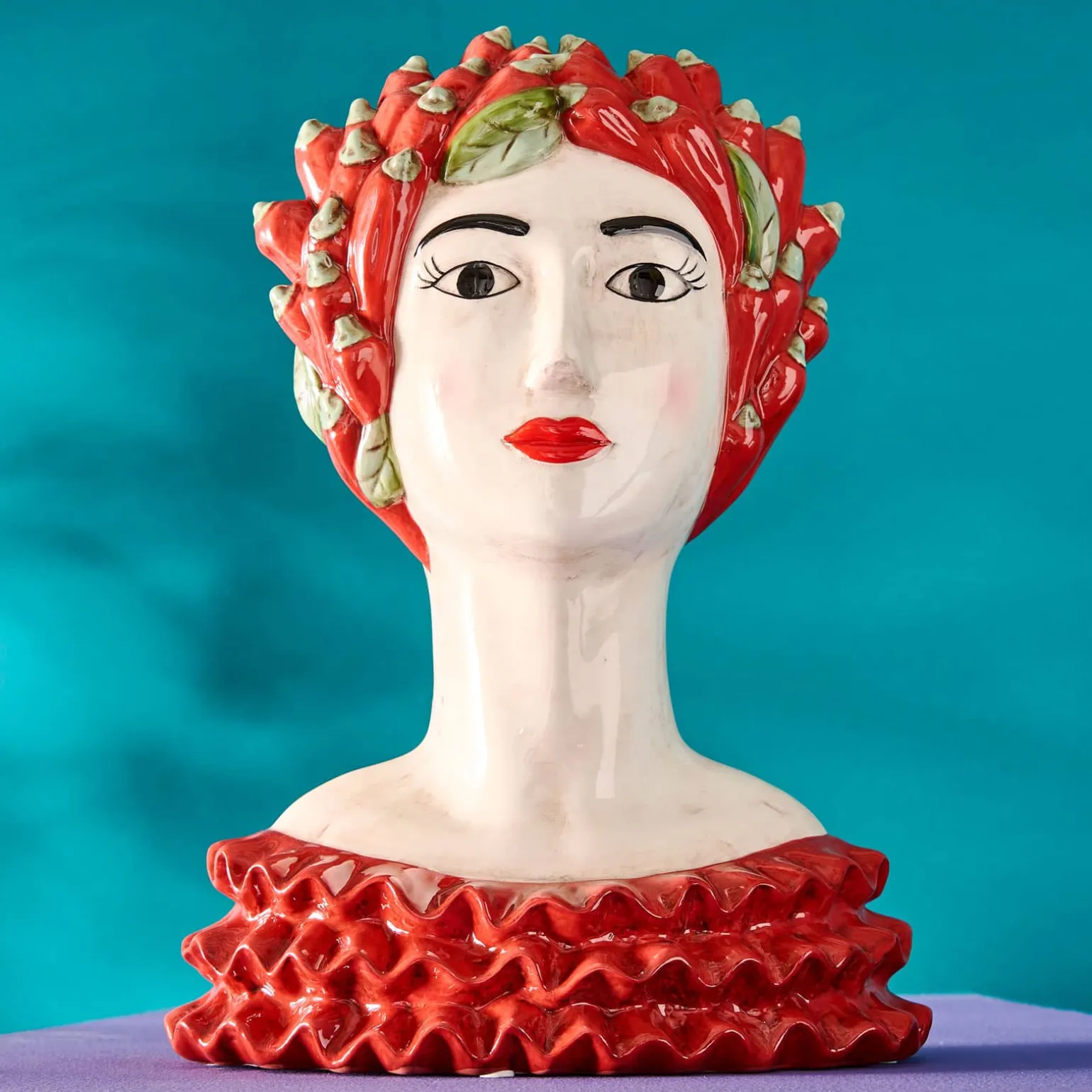 Buste de femme sicilienne / vase décoratif Chili Lady, rouge-vert, peint à la main