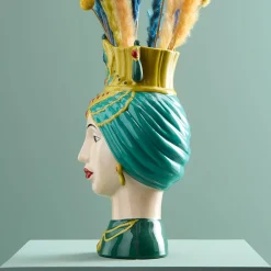 Buste de femme sicilienne / vase décoratif Estefania, vert-jaune, peint à la main