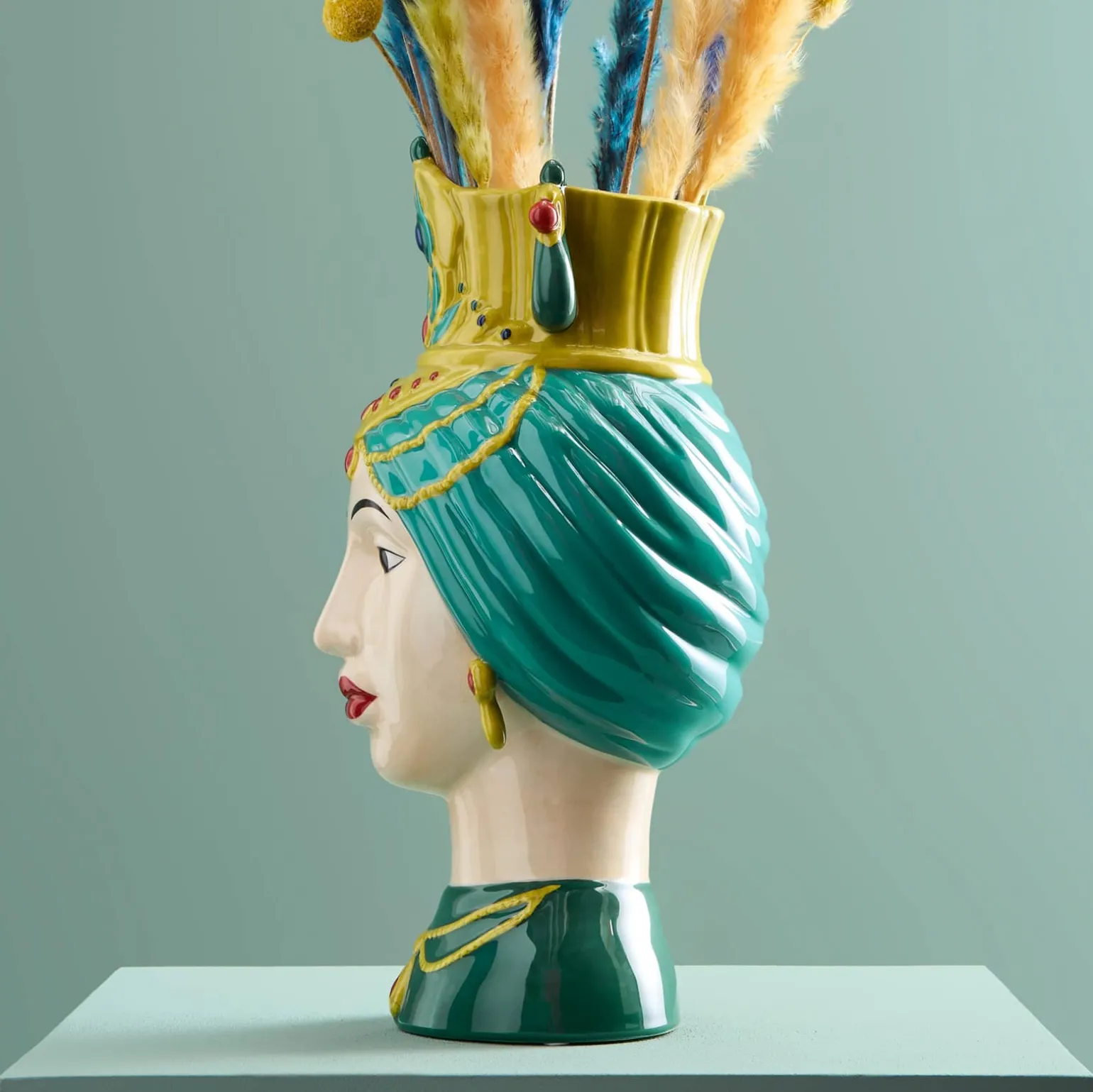 Buste de femme sicilienne / vase décoratif Estefania, vert-jaune, peint à la main