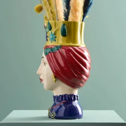 Buste de femme sicilienne / vase décoratif Letizia, rouge-jaune, peint à la main