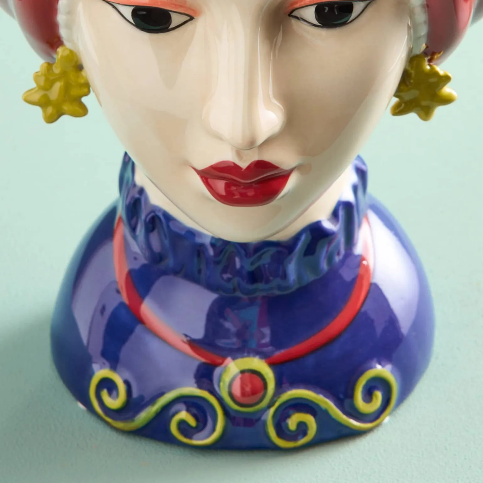 Buste de femme sicilienne / vase décoratif Letizia, rouge-jaune, peint à la main