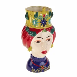 Buste de femme sicilienne / vase décoratif Letizia, rouge-jaune, peint à la main