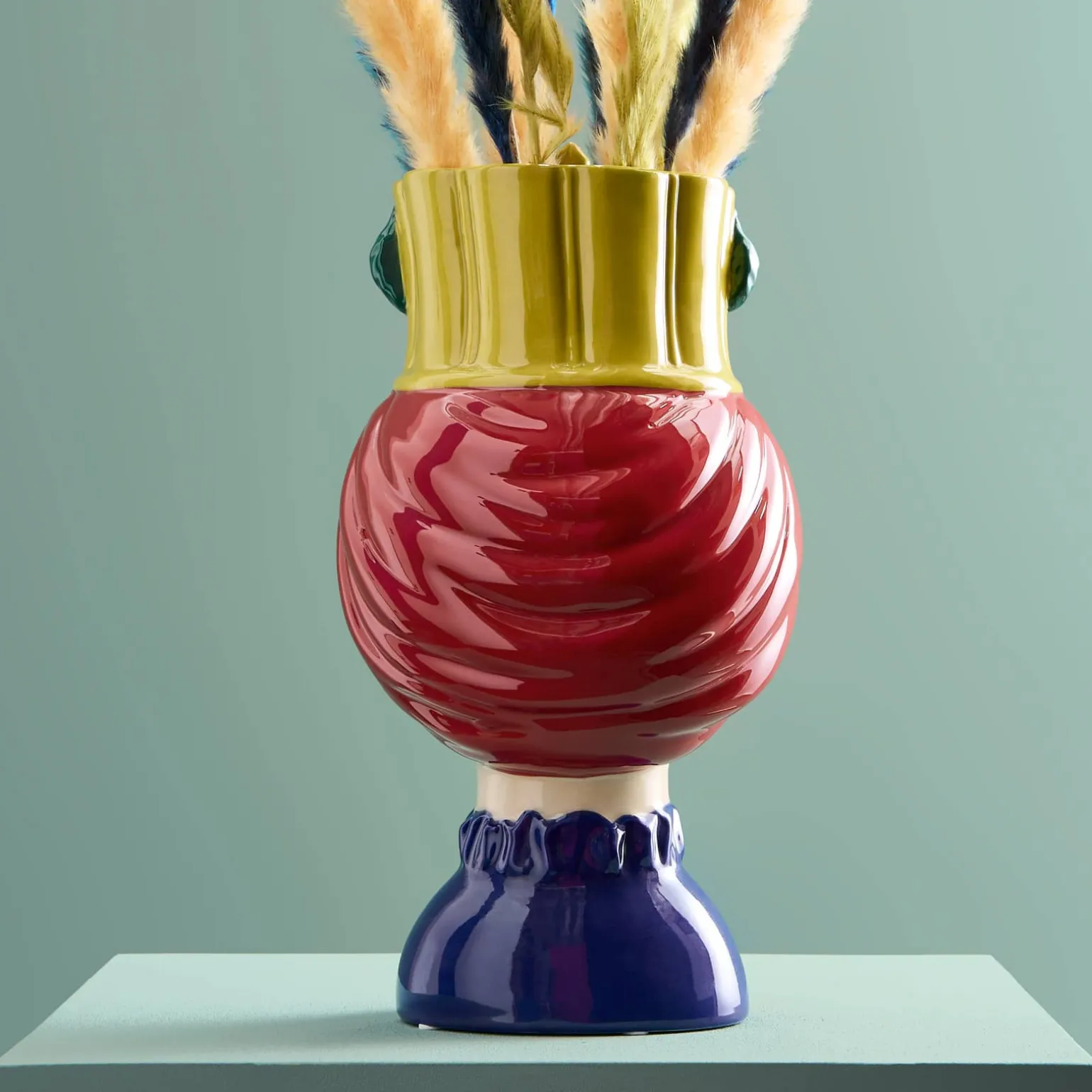 Buste de femme sicilienne / vase décoratif Letizia, rouge-jaune, peint à la main