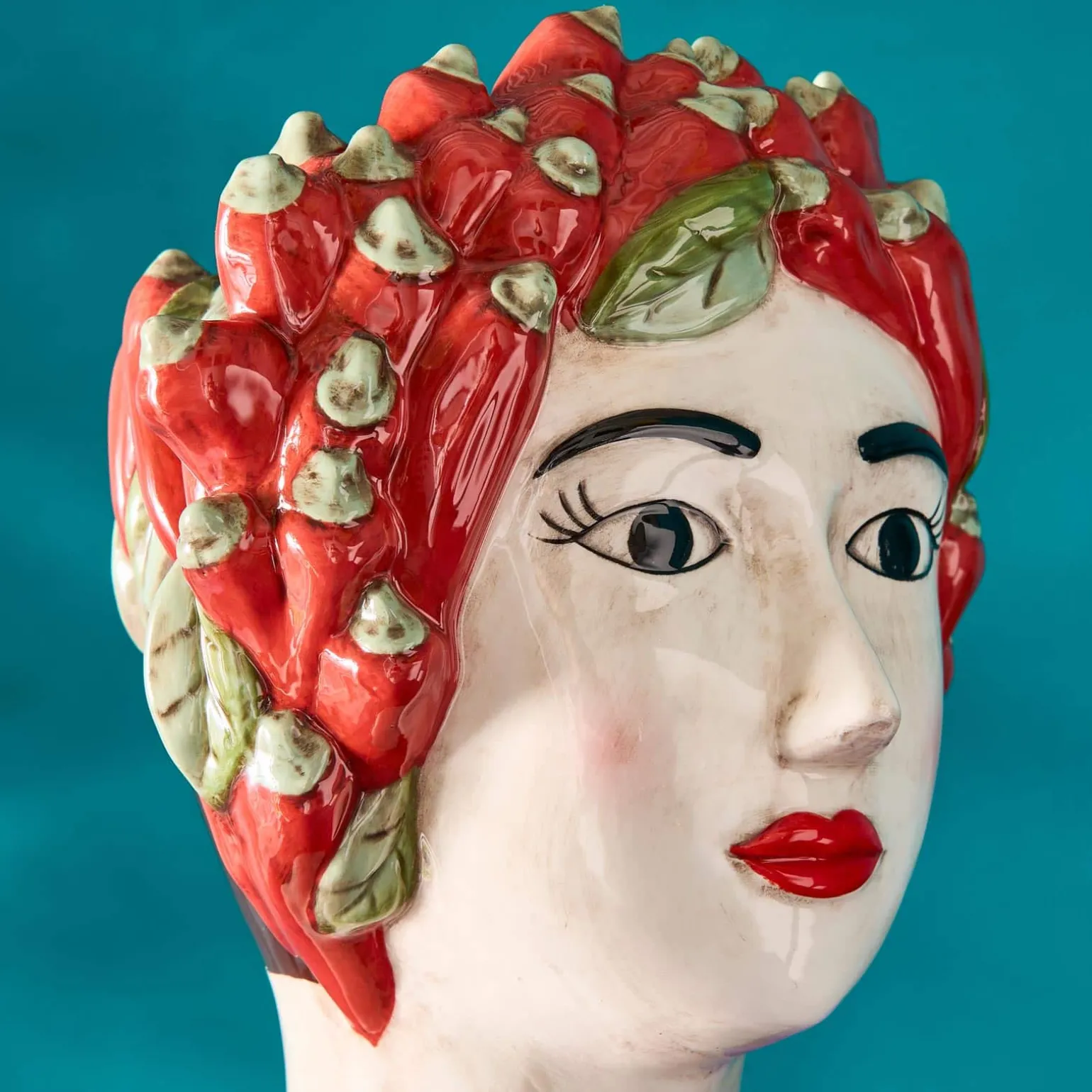 Buste de femme sicilienne / vase décoratif Chili Lady, rouge-vert, peint à la main