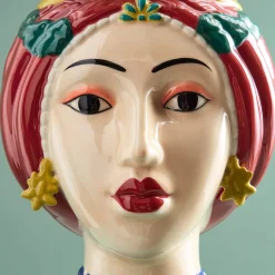 Buste de femme sicilienne / vase décoratif Letizia, rouge-jaune, peint à la main