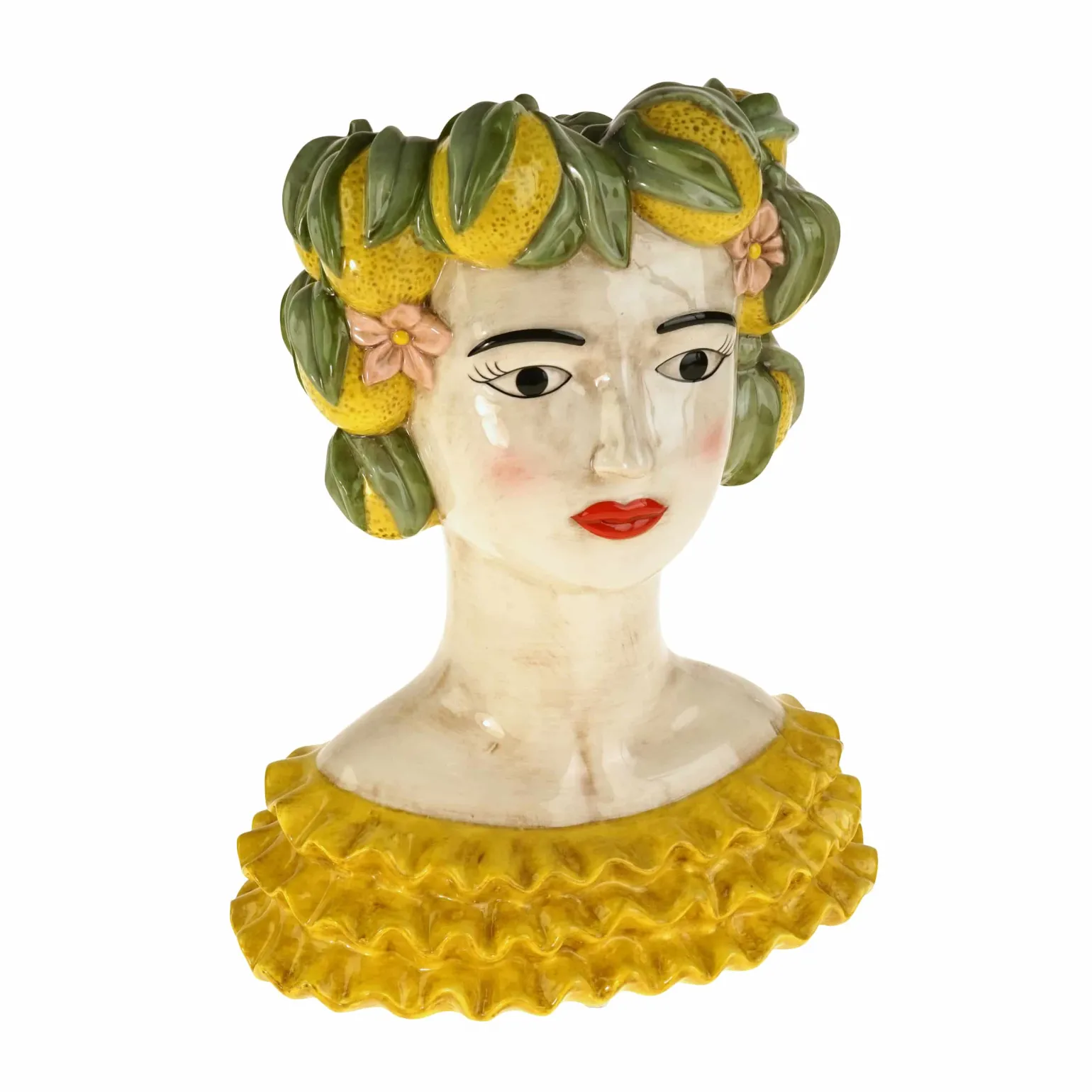 Buste de femme sicilienne / vase décoratif Lady Lemon, jaune-vert, peint à la main