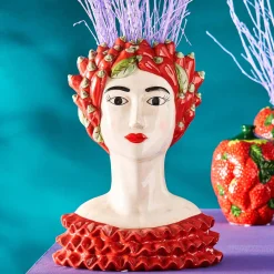 Buste de femme sicilienne / vase décoratif Chili Lady, rouge-vert, peint à la main