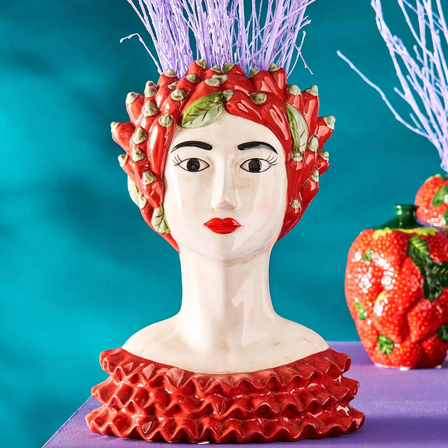 Buste de femme sicilienne / vase décoratif Chili Lady, rouge-vert, peint à la main