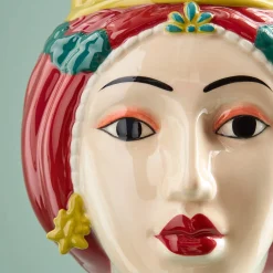 Buste de femme sicilienne / vase décoratif Letizia, rouge-jaune, peint à la main