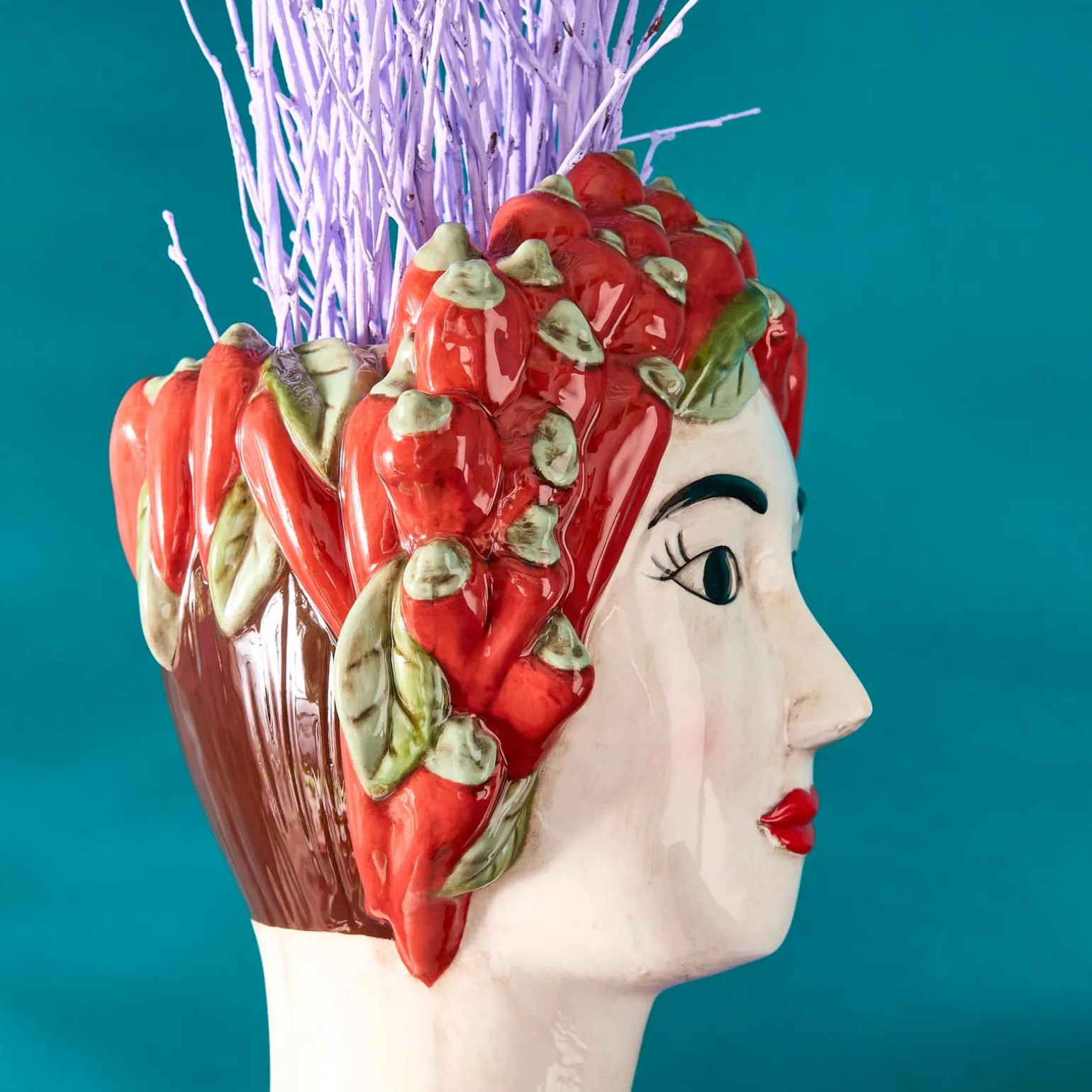 Buste de femme sicilienne / vase décoratif Chili Lady, rouge-vert, peint à la main