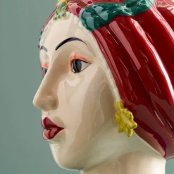 Buste de femme sicilienne / vase décoratif Letizia, rouge-jaune, peint à la main