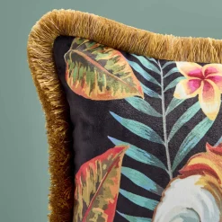 Coussin à franges Ararauna et feuilles