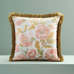Coussin à franges Paeonia, rose-ble