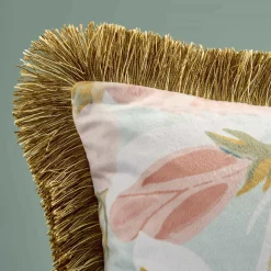 Coussin à franges Paeonia, rose-ble