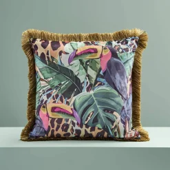 Coussin à franges Toucan et Monstera