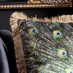 Coussin en velours paon Peacock, vert-or