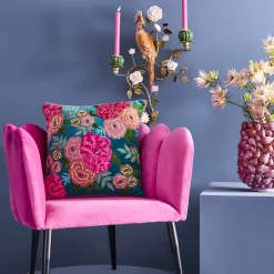 Coussin Lotte, vert avec motif floral coloré