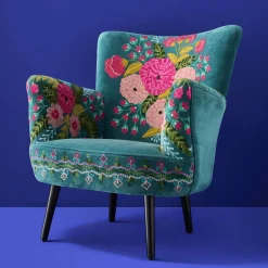 Fauteuil en Velours avec Motif Floral Frida, Turquoise, Brodé à la Main