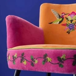 Fauteuil en Velours avec Motif d'Oiseau Kolibri, Orange-Rose, Brodé à la Main
