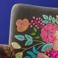 Fauteuil en Velours avec Motif Floral Lotte, Gris, Brodé à la Main