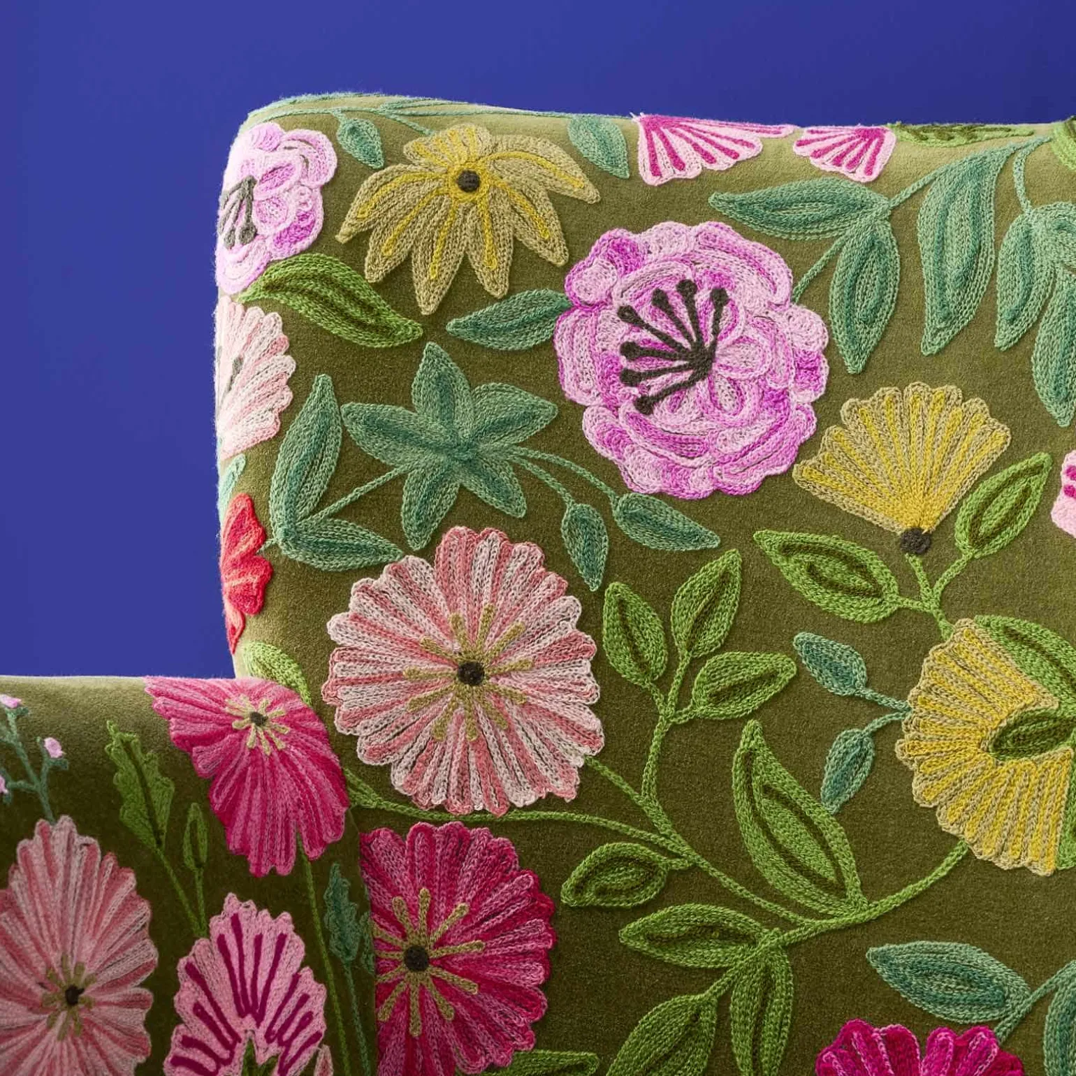 Fauteuil en Velours avec Motif Floral Emma, Vert, Brodé à la Main