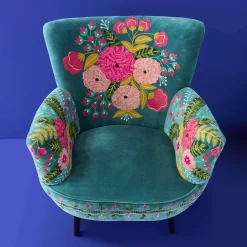 Fauteuil en Velours avec Motif Floral Frida, Turquoise, Brodé à la Main