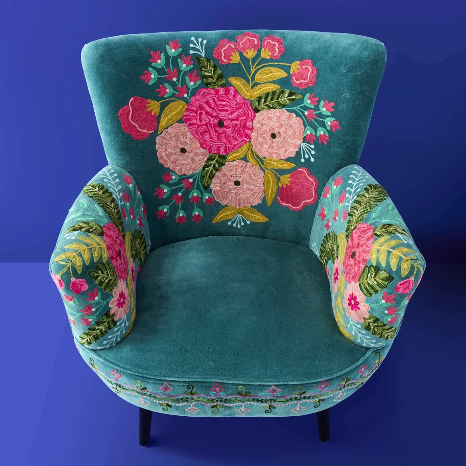 Fauteuil en Velours avec Motif Floral Frida, Turquoise, Brodé à la Main