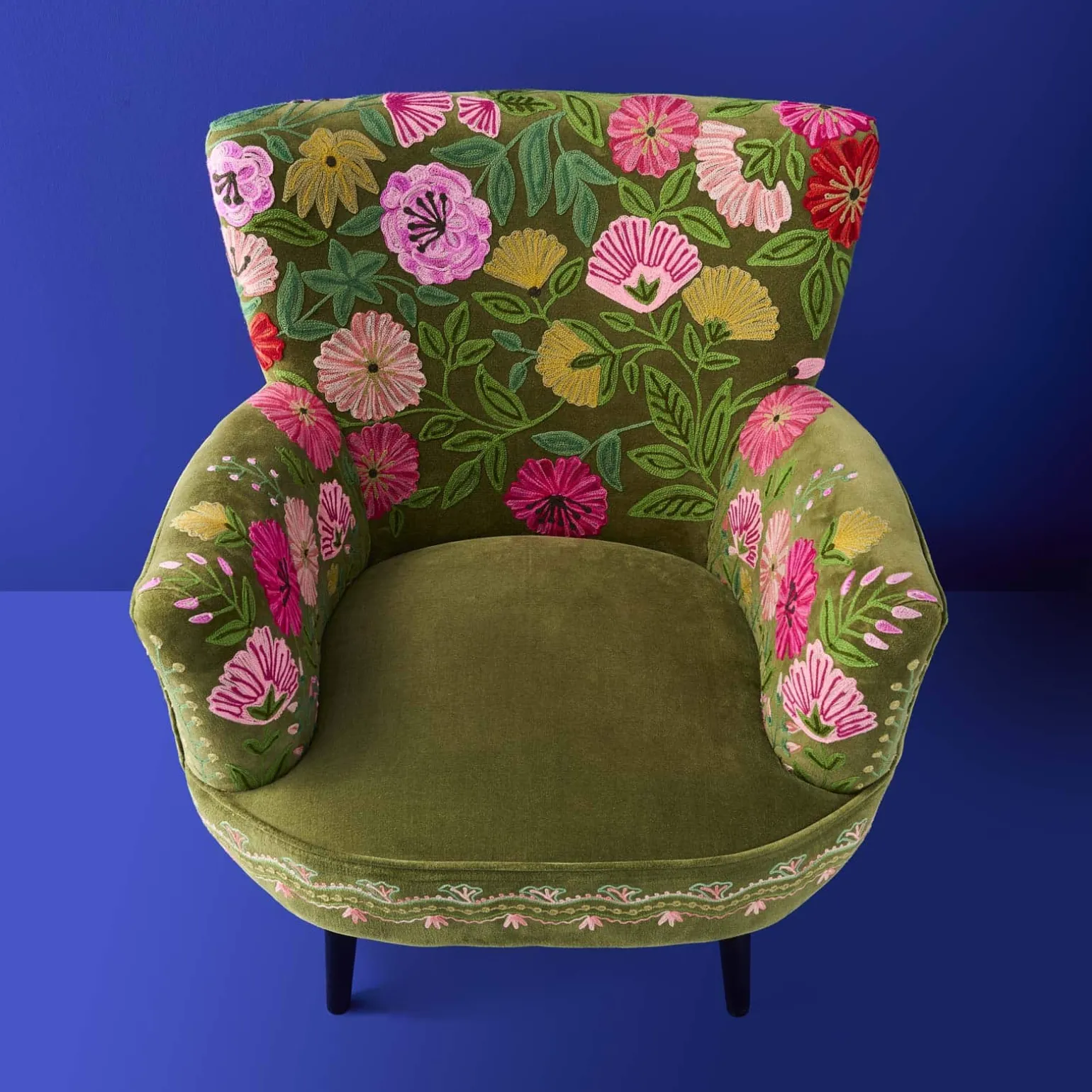 Fauteuil en Velours avec Motif Floral Emma, Vert, Brodé à la Main