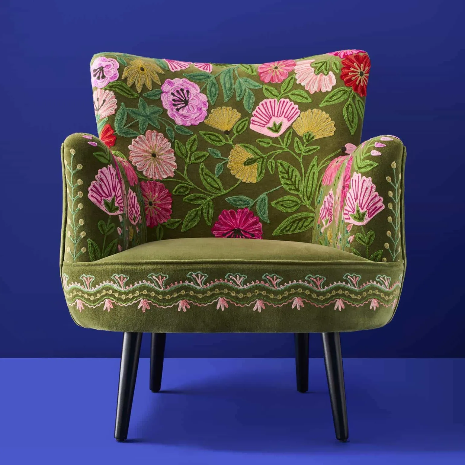 Fauteuil en Velours avec Motif Floral Emma, Vert, Brodé à la Main