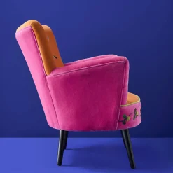 Fauteuil en Velours avec Motif d'Oiseau Kolibri, Orange-Rose, Brodé à la Main