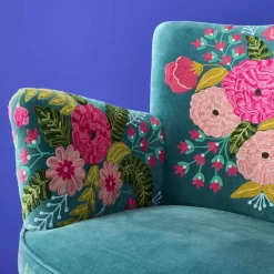 Fauteuil en Velours avec Motif Floral Frida, Turquoise, Brodé à la Main
