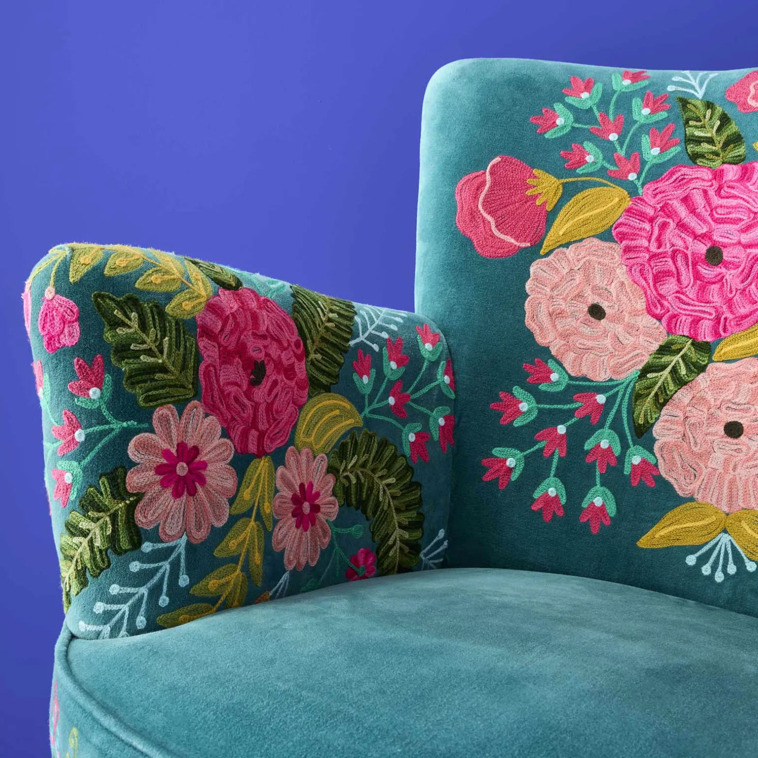 Fauteuil en Velours avec Motif Floral Frida, Turquoise, Brodé à la Main