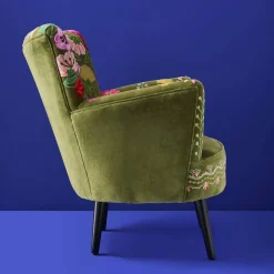 Fauteuil en Velours avec Motif Floral Emma, Vert, Brodé à la Main