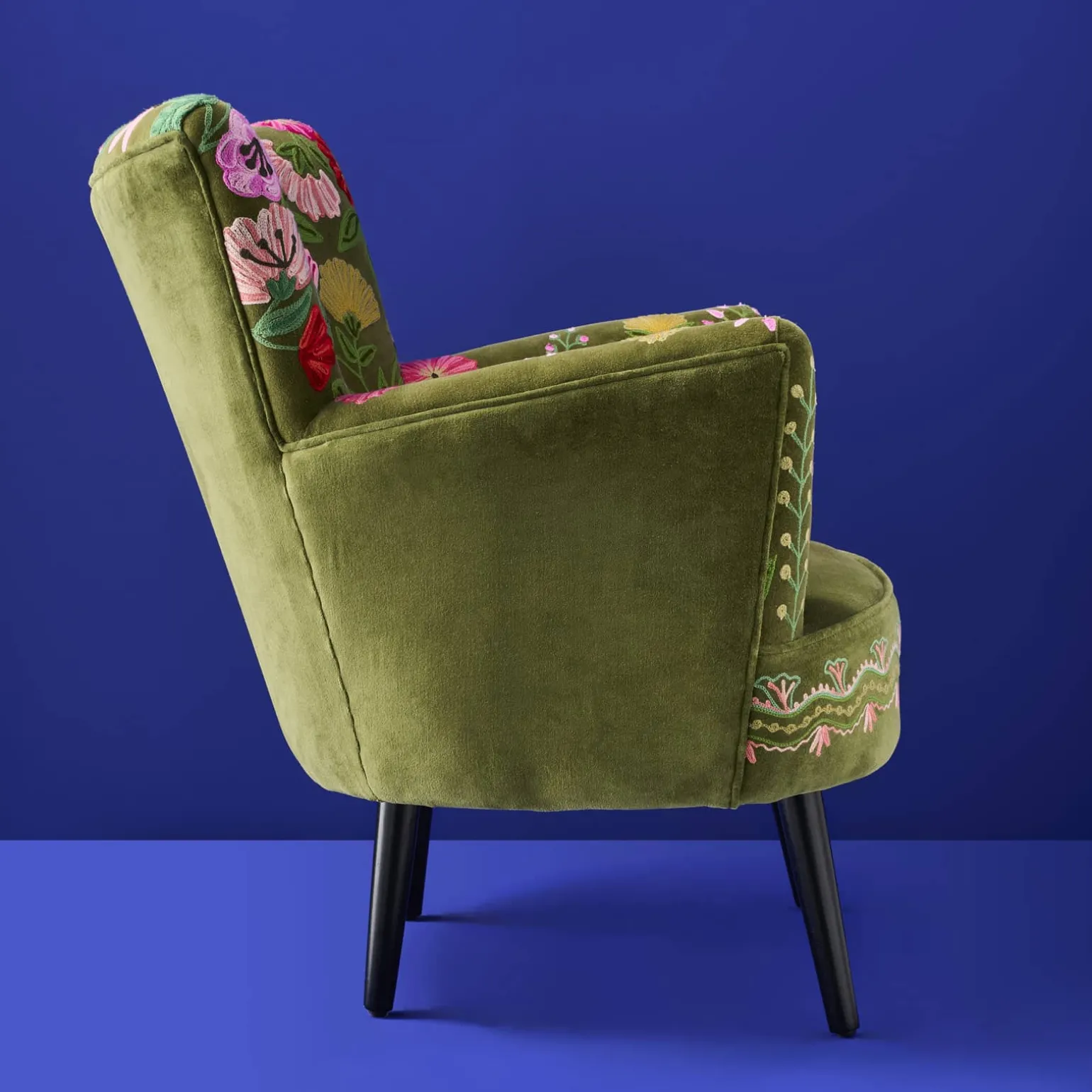Fauteuil en Velours avec Motif Floral Emma, Vert, Brodé à la Main