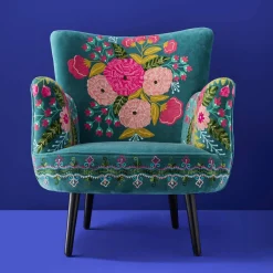 Fauteuil en Velours avec Motif Floral Frida, Turquoise, Brodé à la Main