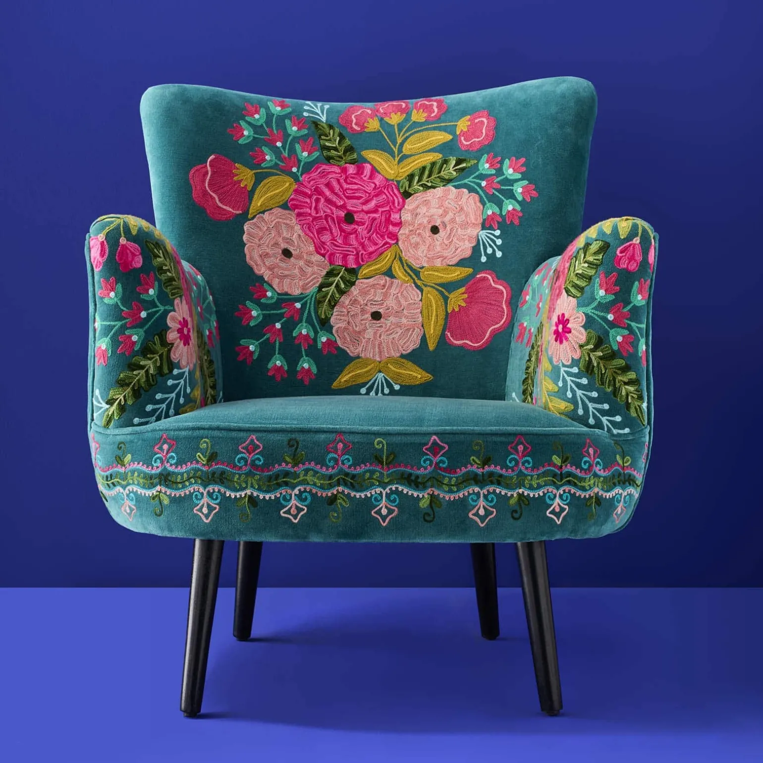 Fauteuil en Velours avec Motif Floral Frida, Turquoise, Brodé à la Main