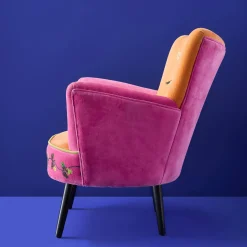 Fauteuil en Velours avec Motif d'Oiseau Kolibri, Orange-Rose, Brodé à la Main