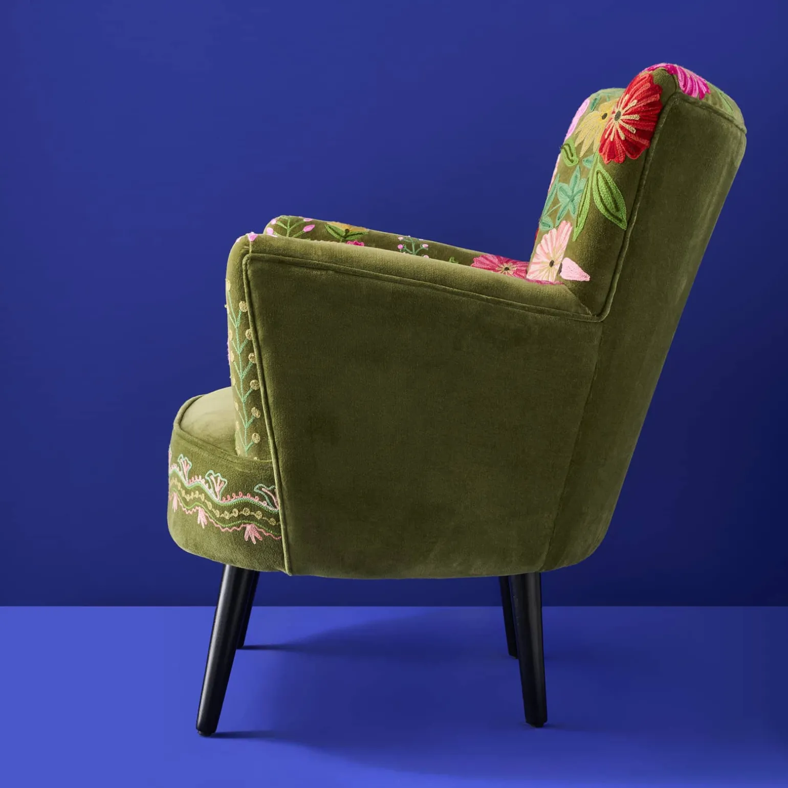 Fauteuil en Velours avec Motif Floral Emma, Vert, Brodé à la Main