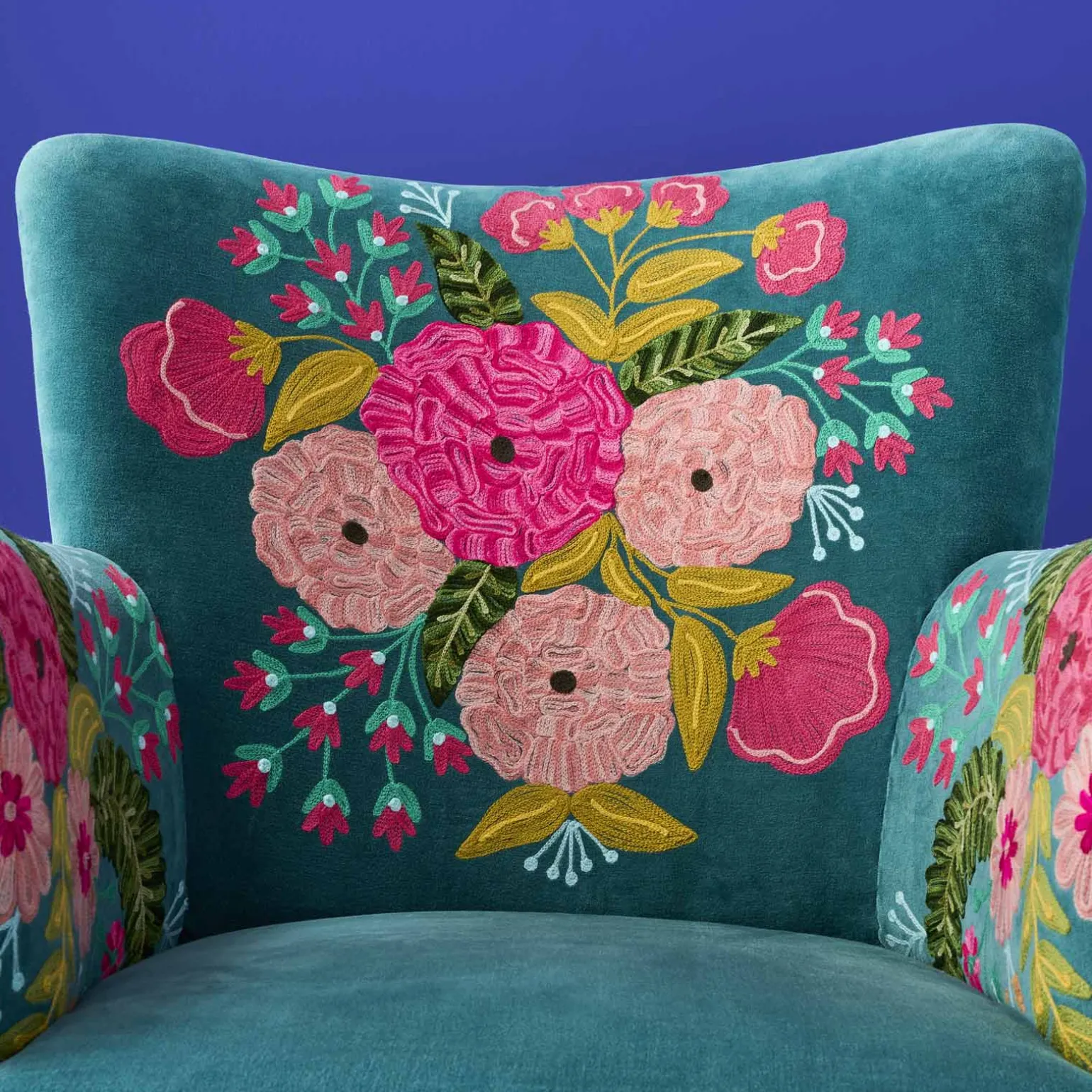 Fauteuil en Velours avec Motif Floral Frida, Turquoise, Brodé à la Main