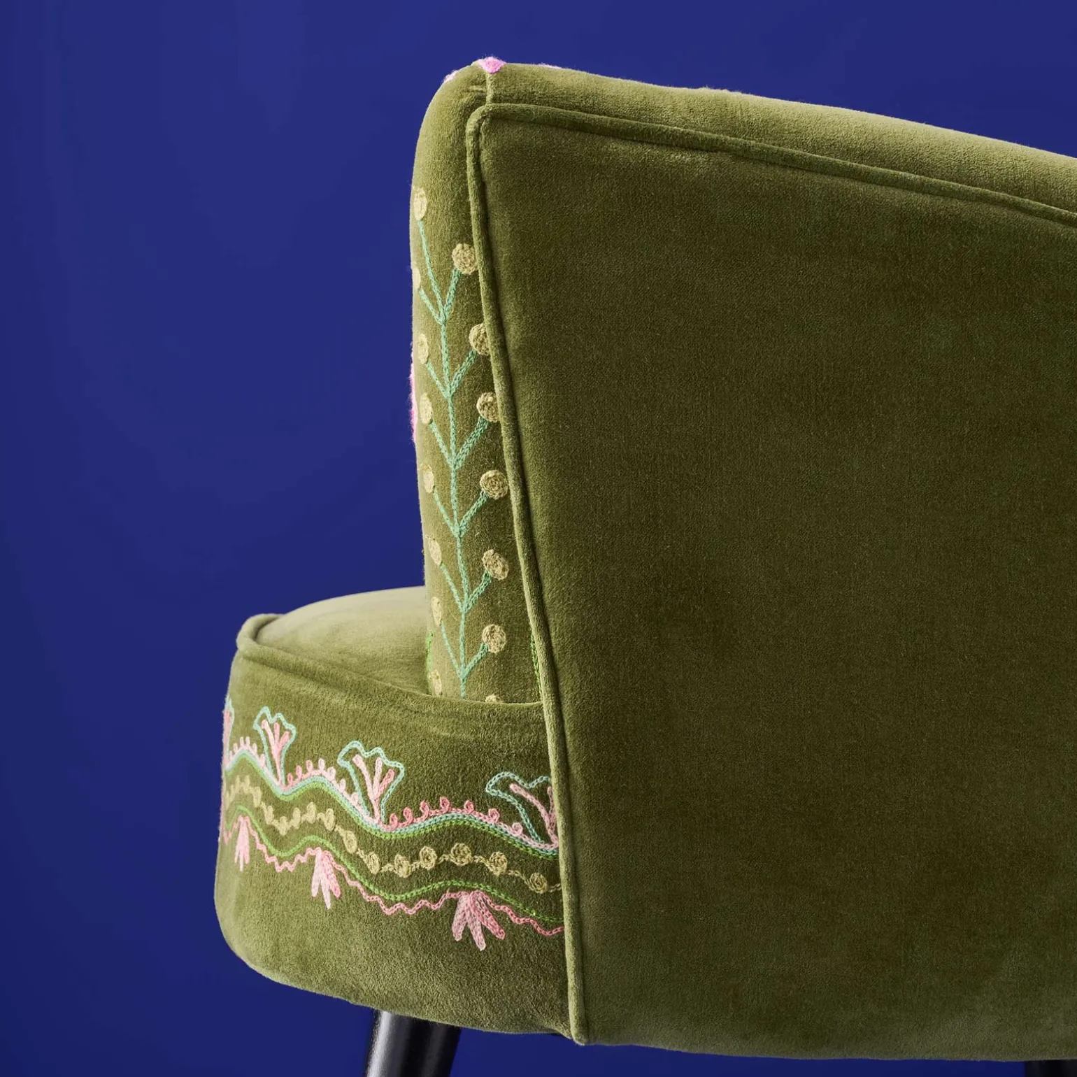 Fauteuil en Velours avec Motif Floral Emma, Vert, Brodé à la Main