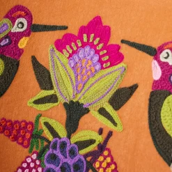 Fauteuil en Velours avec Motif d'Oiseau Kolibri, Orange-Rose, Brodé à la Main