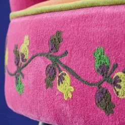 Fauteuil en Velours avec Motif d'Oiseau Kolibri, Orange-Rose, Brodé à la Main
