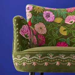 Fauteuil en Velours avec Motif Floral Emma, Vert, Brodé à la Main